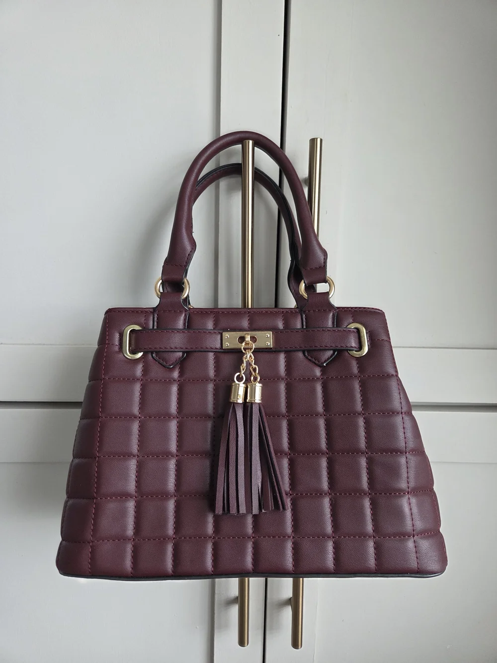 Burgundy Quilted Satchel Handbag Gold Hardware